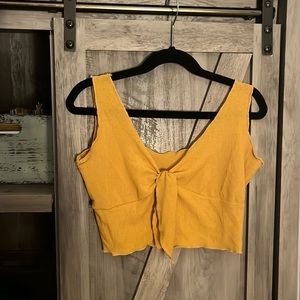SHEIN Mustard Ribbed Tie Front Cropped Tank,XS
